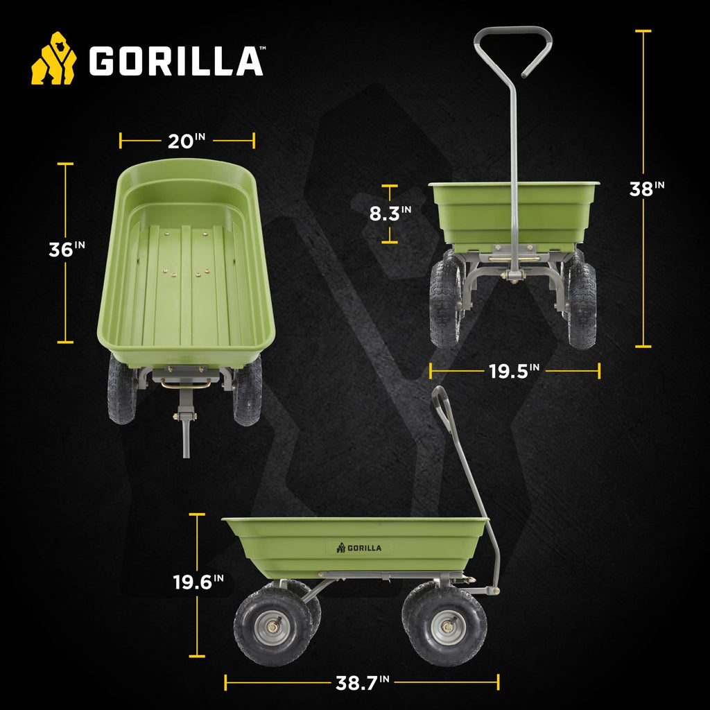 Gorilla Carts 600-Pound Capacity Heavy Duty Poly Yard Garden Steel Quick Dump Utility Wheelbarrow Wagon Cart with Straight Pull Handle, Green, Model GOR4G-COM