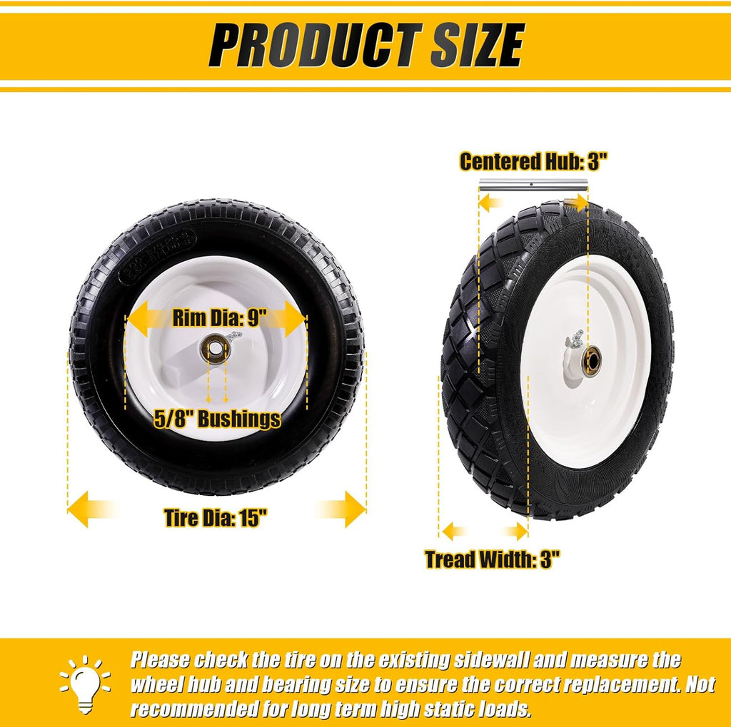 MZREXN 4.80/4.00-8" Flat Free Tire and Wheel, 15" Solid Wheelbarrow Tires, 3.00-4.00/4.80-8" with 5/8" & 3/4" Bearings, 3" Centered Hub for Hand Truck Garden Trailers Utility Cart Yard Wagon White