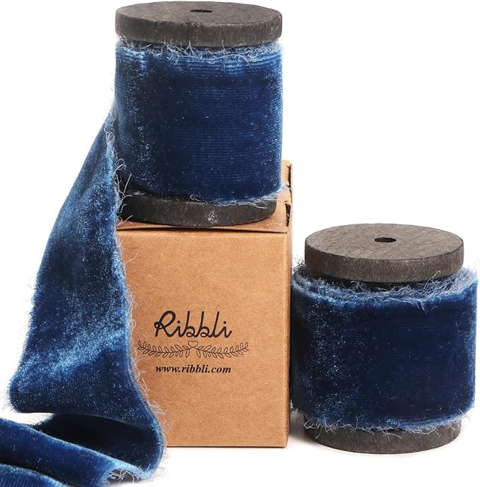 Ribbli Ocean Blue Velvet Ribbon 1.5 Inch Handmade Frayed Vintage Christmas Ribbon for Gift Wrapping Christmas Tree Ornament Wreath Craft Home Decor -Total 3 Yards with Wooden Spool