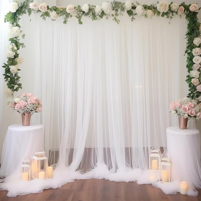 10x10 White Tulle Backdrop Curtains for Parties, Sheer Backdrop Curtain Wedding Photo Background Drapes for Baby Shower Photography Birthday Party