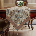 Luxury Vintage Design Table Runner 120 inches Long Embroidery Jacquard Fabric with Multi-Tassels Table Runners for Dining Room Dresser Wedding Holiday Party Fireplace Decorations (Coffee, 12X120inch)
