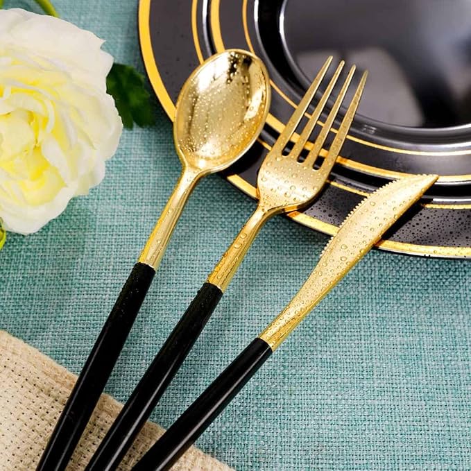 Rubtlamp 96 Pcs Gold Disposable Silverware, Plastic Cutlery, Gold Utensils Plastic with Black Handle Include 32Forks, 32Spoons, 32Knives for Party