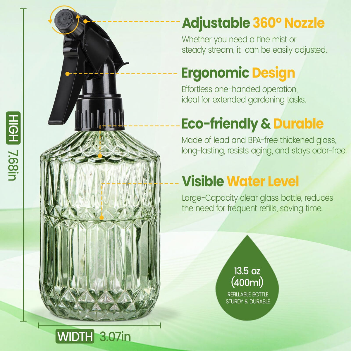 Sincengel Glass Plant Mister Bottle - 13.5 oz Refillable Leak Proof Water Spray Bottle for Indoor Plants, Spring Gardening,Cleaning, Hair, Pets Care with Adjustable Mist Nozzle (Green)