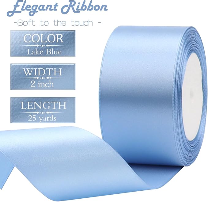 Lake Blue Solid Satin Ribbon 2 Inch 25 Yards Solid Polyester Fabric Ribbon for Gift Wrapping Wedding Christmas Baby Shower Birthday Party Decoration Handmade Immortal Flower Craft