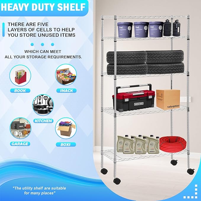 PayLessHere 14" D x 30" W x 60" H Shelves Storage Shelves Shelving NSF Certified 5 Tier Adjustable Shelf with Sliding Wheels Versatile Storage Solution Effortless Assembly and Mobility, Chrome