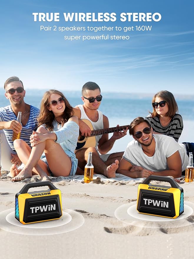 Portable Bluetooth Speakers - Wireless Jobsite Speaker 80W Peak, TWS, Light Shows, Loud Speaker with Deep Bass, BT 5.3, IPX6 Waterproof, 20H Playtime for Outdoor Beach Camping Garage - Yellow