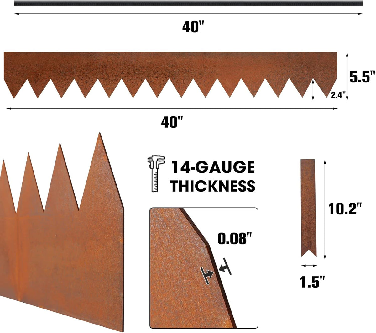 Worth Garden 6-Pack Cor-Ten Steel Landscape Edging with Black Protection Strips - Rust Patina Finish 40" L x 5.5" H (20Ft Total) - Hammer-in 14-Gauge Metal Corten Lawn Yard Edging Border w/ 7 Clips