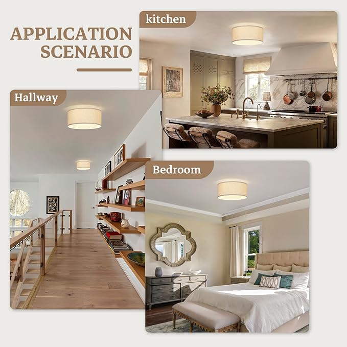 13 Inch Flush Mount Ceiling Light with Burlap Linen Drum Shade, Semi Flush Mount Ceiling Fixture, 3-Light Drum Light Fixture,Rustic Farmhouse Style for Bedroom, Living Room, Hallway, Entryway