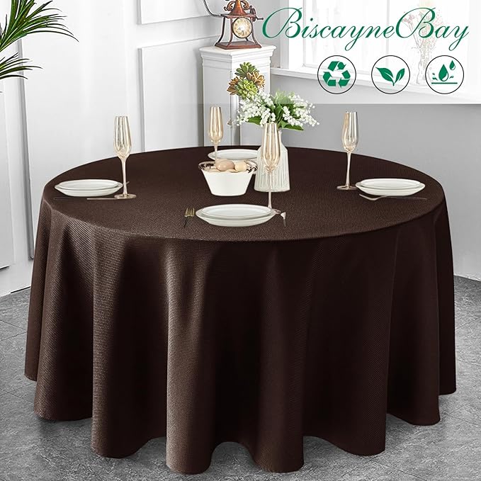 Biscaynebay Textured Fabric Round Tablecloths 90", Brown Water Resistant Table Cloths Circle Folding Table Covers Linen for Dining, Kitchen, Wedding, Parties etc. Machine Washable