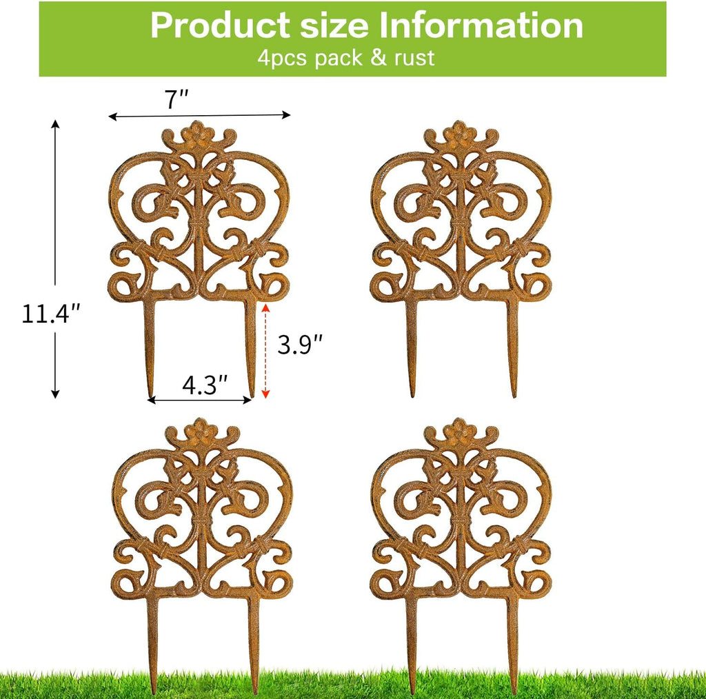 Sungmor Decorative Cast Iron Garden Edging, 4 Pack Full Rusted Victorian Garden Edging Landscape Border, Vintage Metal Yard Stake Low Picket Fence, 11.8" Tall Outdoor Flower Bed Lawn Fence Panels