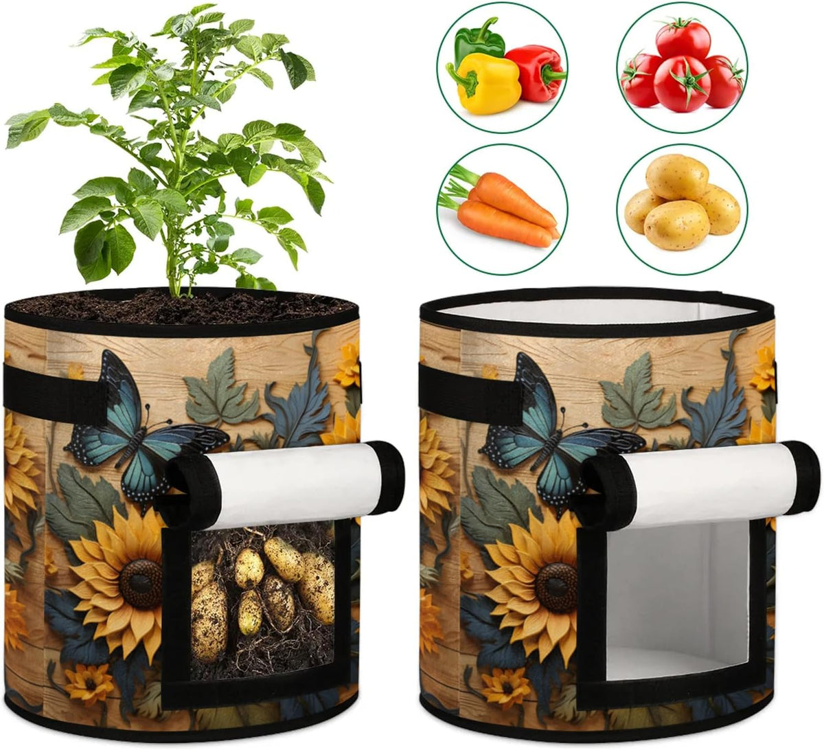 Sunflower Flowers Grow Bags 7 Gallon Thickened Nonwoven Plant Pot Vegetables Potato Fruit Plant Grow Bag with Handle Garden Plant Bag Outdoor 2 Pack