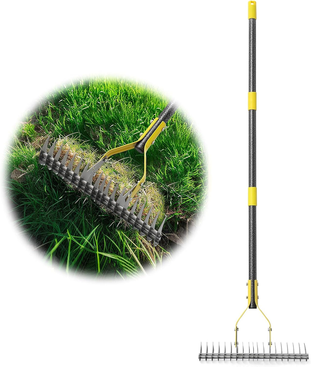 Thatch Rake 4.5FT Heavy Duty Metal Dethatcher Rake with Adjustable Long Handle 19-Tine 15” Wide Lawn Yard Garden Tool for Cleaning Dead Leaf Grass Loosing Soil