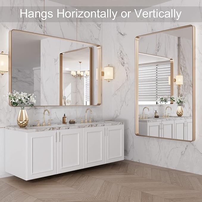 LOAAO 48”X30” Gold Bathroom Mirror, Rounded Rectangle Gold Frame Mirror, Brushed Gold Bathroom Vanity Mirror Wall-Mounted, Anti-Rust, Tempered Glass, Hangs Horizontally or Vertically