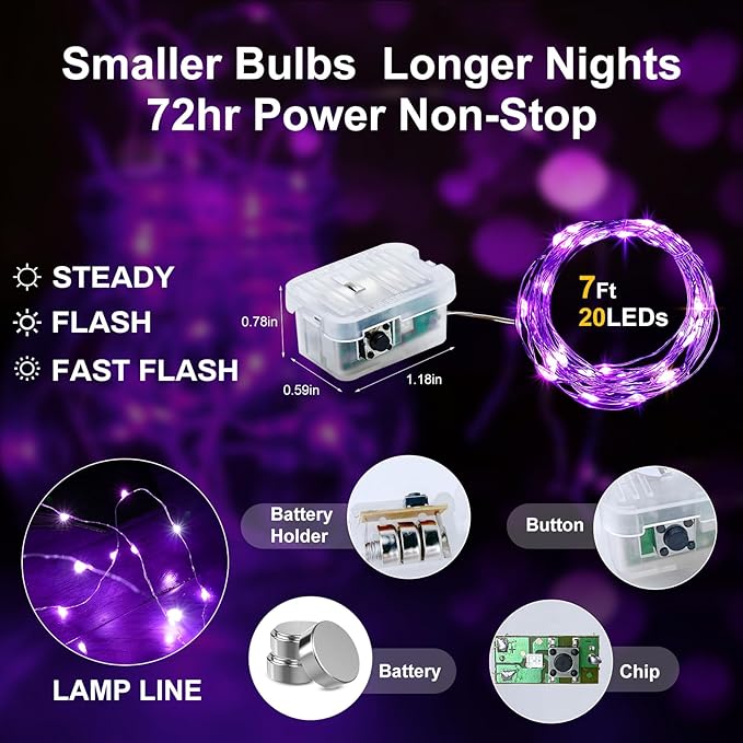 Aogist 24 Pack Fairy Lights 3 Modes 7ft 20 LED Waterproof,Battery Operated Silver Wire Firefly Starry Moon Mini String Lights for Mason Jars Christmas DIY Crafts Wedding Party Bedroom,Purple