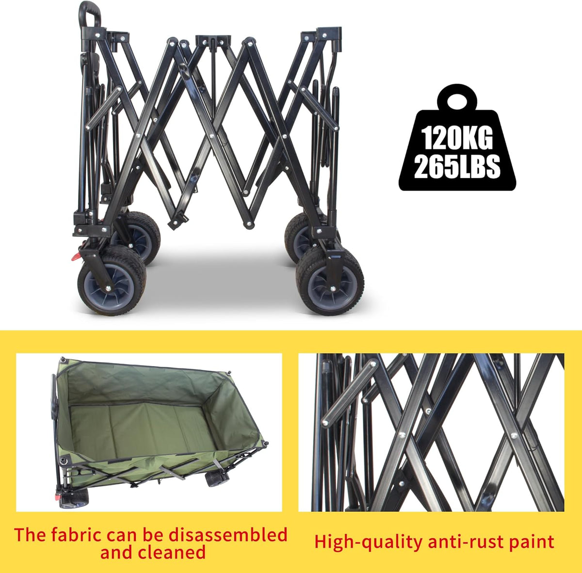 TMZ Collapsible Wagon 445L Extra Large Outdoor Utility Cart, Heavy Duty Carts Foldable with All-Terrain Big Wheels, Canopy and Brakes, Utility Beach Wagon for Outdoor Garden (Green)