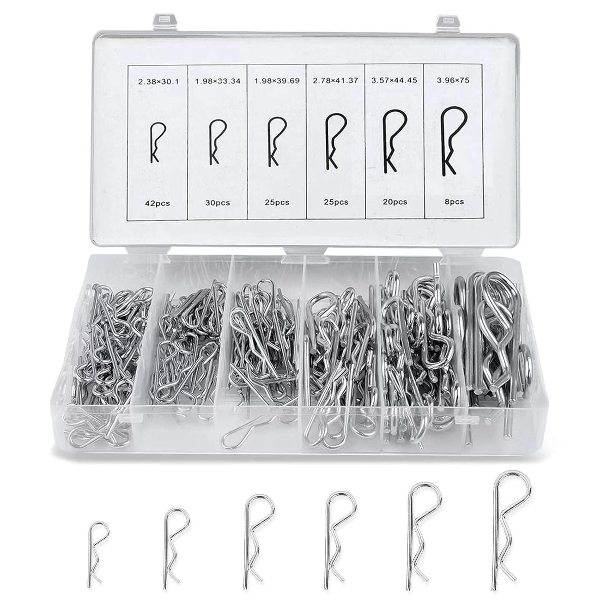 Boatsea Cotter Pin Assortment Kit, 150PCS 6 Sizes Hair Pin R Clips Assortment Kit, Zinc Plated Spring Steel Hairpin R Clips, Retaining Hair Pin for use on Hitch Pin Lock System