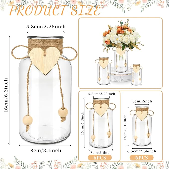 Vintage Glass Vases for Flowers, Set of 6 Mason Jar Vase Table Centerpieces for Farmhouse Room Decor, Wedding, Bridal Shower Bud Vase Set (Medium)