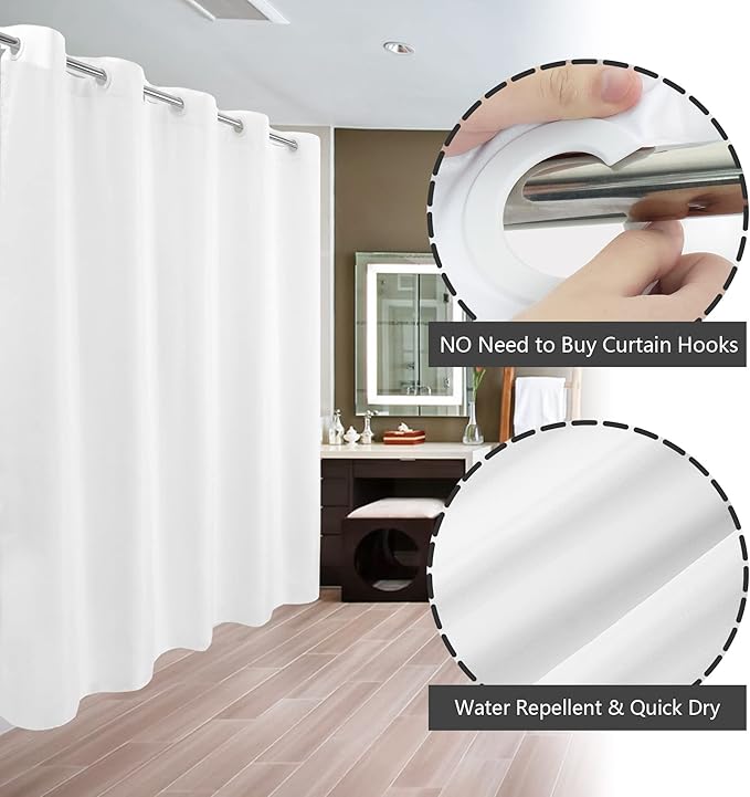 No Hook Long Shower Curtain or Liner Soft Microfiber - 75" Length Fabric Shower Curtain Liner Set, Machine Washable & Water Repellent, White, 71x77