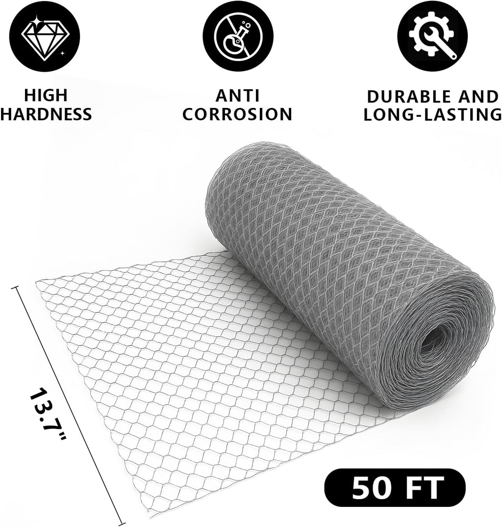 Chicken Wire, 13.7 in x 50 ft Garden Fence, Wire Mesh, Chicken Wires Fencing, Mesh Hexagonal Galvanized Metal Poultry Netting for Chicken Coop Rabbit Dogs Barrier (13.7 in x 50 ft)