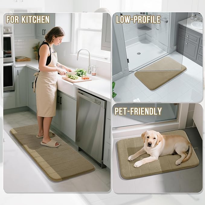 Yimobra Large Bath Mat 36"x24", Super Soft Quick Dry Memory Foam Bathroom Rug, Water Absorbent, Non Slip Backing Machine Washable for Tub Shower, Thick Comfort Support, Pale Khaki