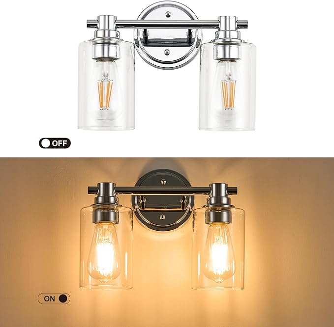 Bathroom Light Fixtures Wall Sconce Light with Clear Glass Chrome 2 Lights Bathroom Lighting Over Mirror Vanity Lights for Living Room,Bedroom,Restroom,Hallway E26 Base