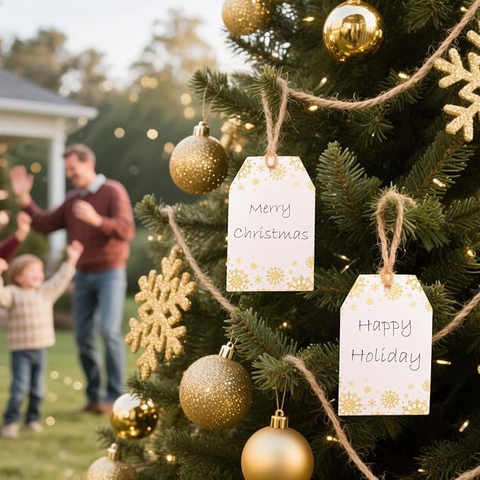 100Pcs Golden Snowflakes Gift Tags with String Attached Gift Tags for Presents Personalized White Paper Gift Labels for Birthday Party Wedding Christmas Favor Gift Wrap