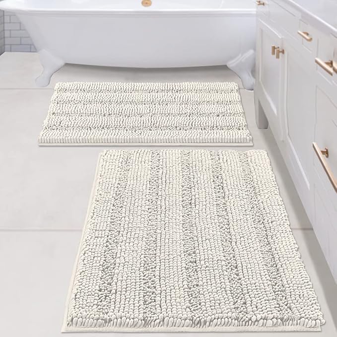 H.VERSAILTEX 2 Piece Bathroom Set - Super Absorbent Chenille Striped Bath Mats, Non Skid, Machine Washable (Cream, 24 x 36 Plus 20 x 32 - Inches)