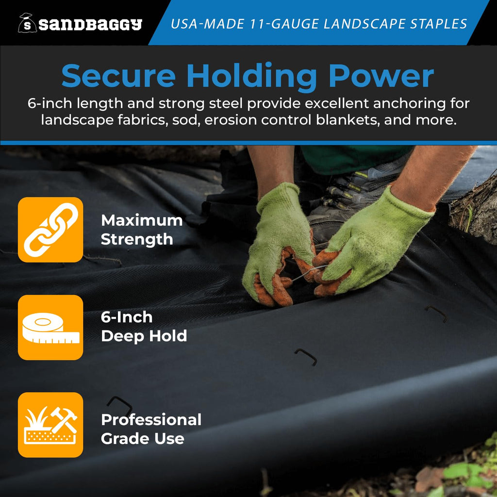 Sandbaggy USA Made 6-inch Landscape Staples - Garden Stakes - Landscaping Fabric, Netting, Sod, Artificial Turf (Standard, 200)