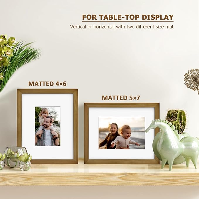 KINLINK 8x10 Picture Frame Brown, Solid Wood Frames with Acrylic Plexiglass for Pictures 4x6/5x7 with Mat or 8x10 without Mat, Tabletop and Wall Display Photo Frame, Set of 4