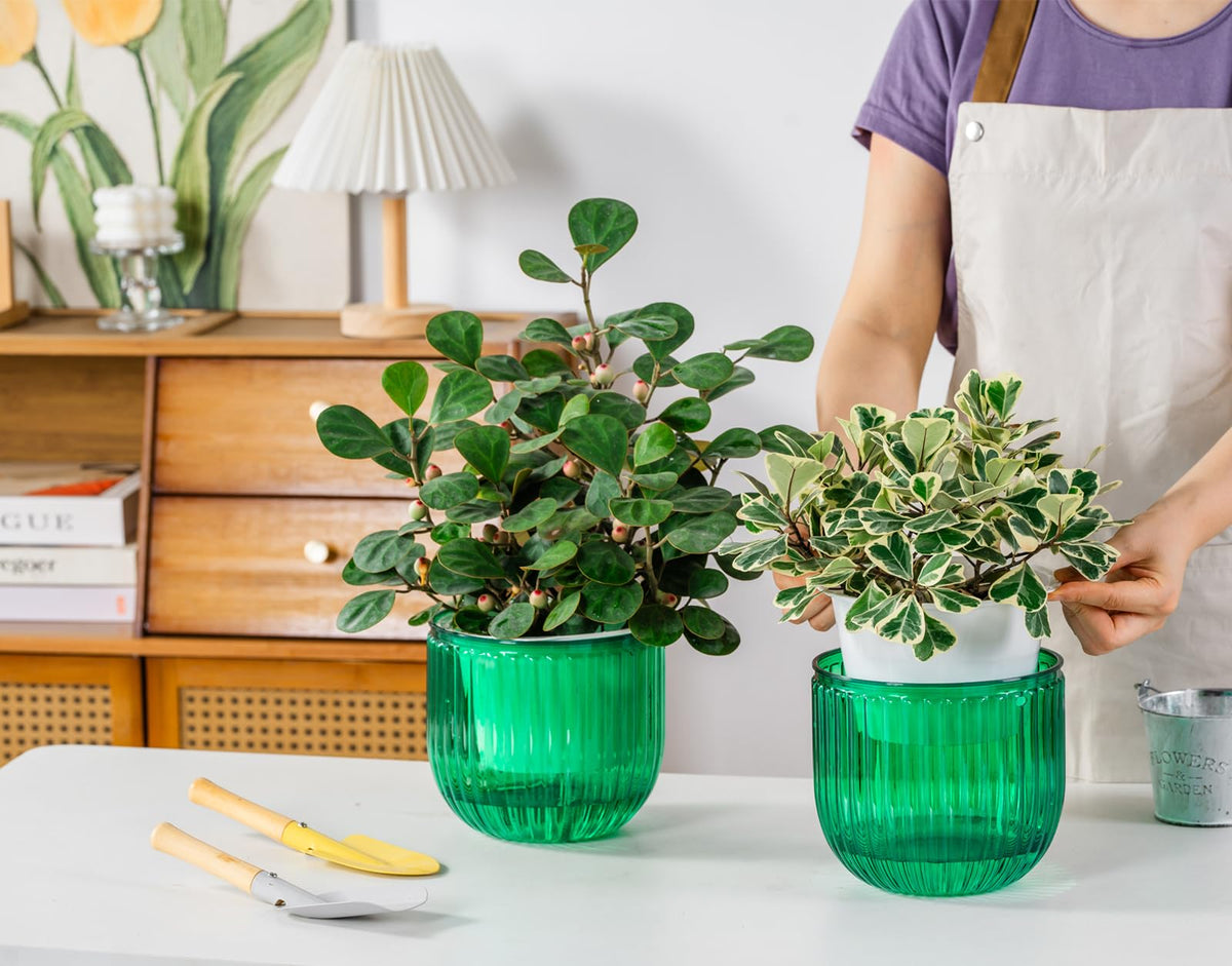 Melphoe 2 Pack Self Watering Hanging Planters Indoor Flower Pots, 6.5 Inch Outdoor Hanging Basket, Plant Hanger with 3Hooks Drainage Holes for Garden Home (Emerald)