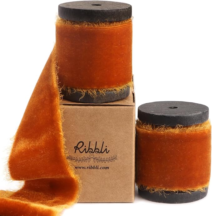 Ribbli Terracotta Velvet Ribbon 1.5 Inch Handmade Frayed Vintage Burnt Orange Christmas Ribbon for Gift Wrapping Tree Ornament Wreath Craft Home Decor -Total 3 Yards with Wooden Spool