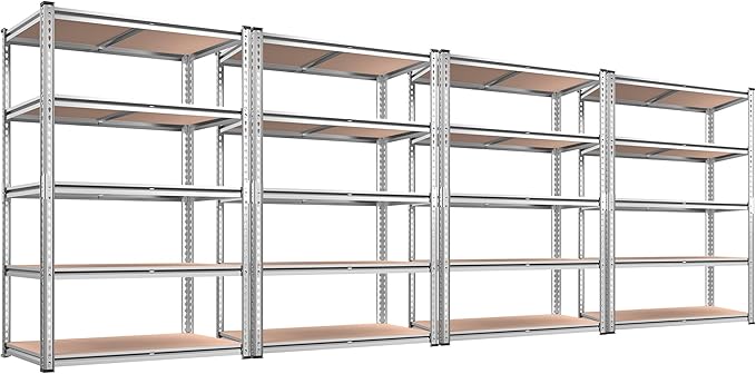 REIBII 2020LBS Garage Shelving Heavy Duty Metal Shelving 5 Tier Storage Shelves, Garage Shelves for Warehouse Basement, Easy Assembly, 72" H x 35.55" W x 16" D, Galvanized, 4 Pack