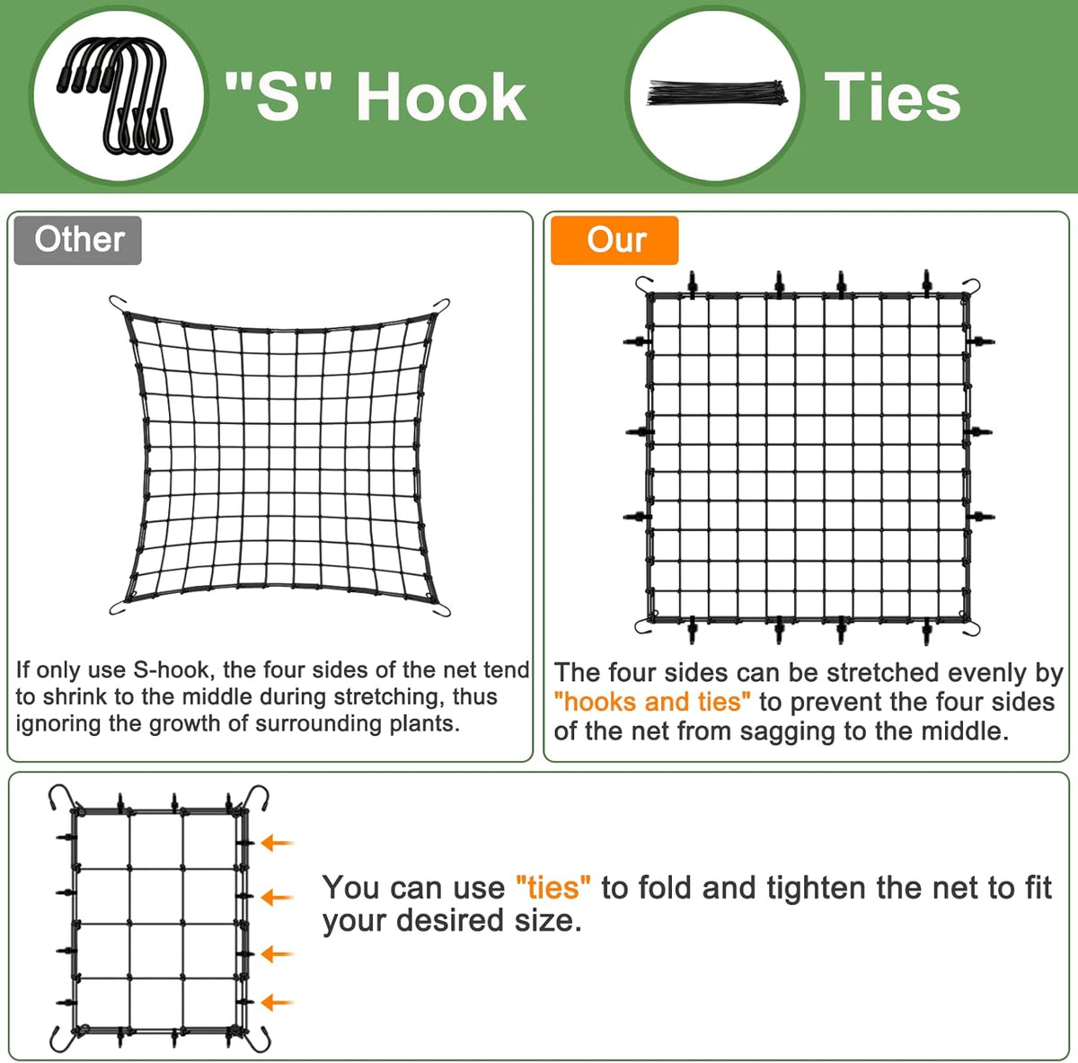 2 Pack 4x4 Trellis Netting for 4x4/8x4 Grow Tent, Heavy Duty Elastic Scrog Net with Hooks for Indoor Plant Growing Tents, Flexible Trellis Net Support for Hydroponics,Outdoor Climbing Plant
