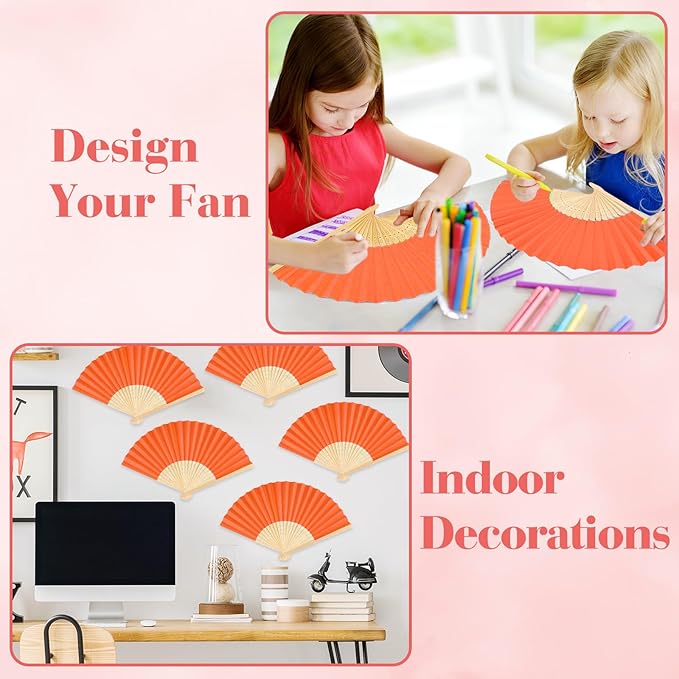 12 Pieces Orange Hand Held Bamboo Folding Fans Paper Fans Handheld for Women Foldable Girls Wedding DIY Decoration Church Home Party Favors Summer