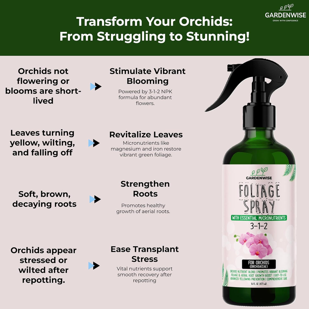 Premium Orchid Plant Food Mist – Orchid Fertilizer Spray – Orchid Food Fertilizer for Blooming – Orchid Plant Care Formula 3-1-2 – Ready-to-Use (8 OZ)