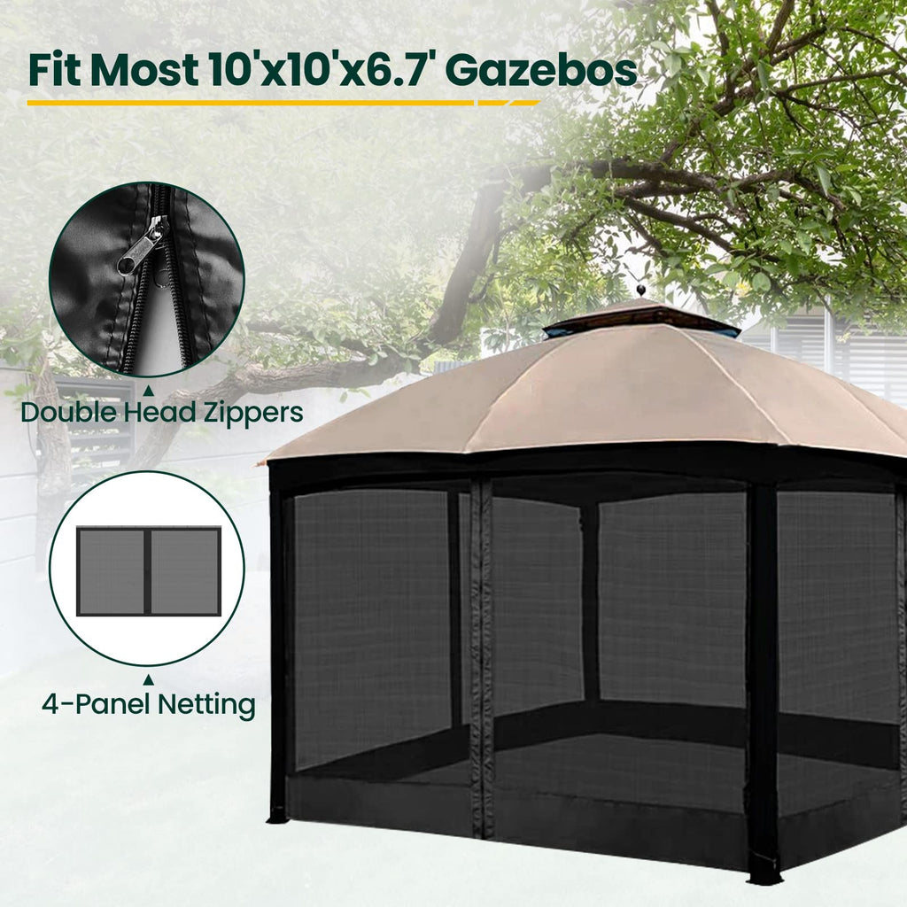OLILAWN Gazebo Universal Replacement Mosquito Netting, 10' x 10' Outdoor Canopy Net Screen 4-Panel Sidewall Curtain, with Zippers, Easy to Install, Fit for Most Gazebo 10x10 Canopy, Black