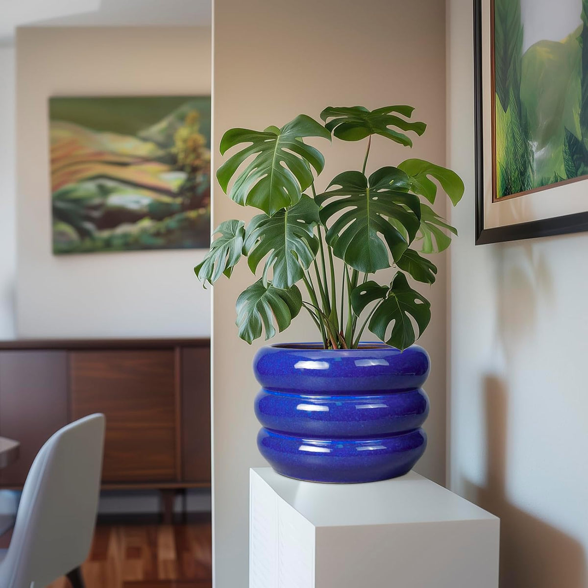 SQOWL Ceramic Plant Pot - 10 Inch Planter for Outdoor Plants Indoor Plant Pot with Drainage Hole Large Planter Decorative Modern Flower Pot for Home Office Decor Blue