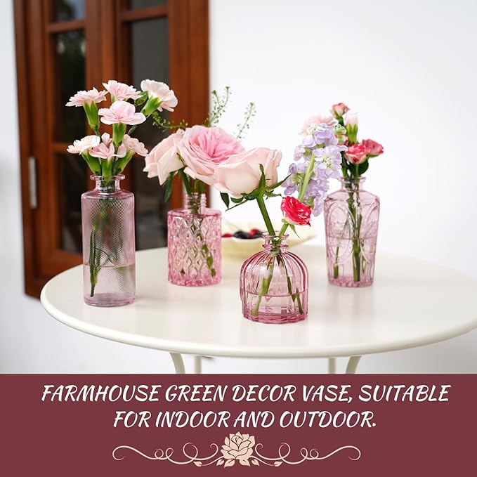Pink Glass Bud Vase Set of 22, Small Vases for Flowers, Clear Glass Vases for Centerpieces, Mini Bud Vases in Bulk Rustic Wedding Decorations, Centerpieces, Vintage Look Home Table Flower Decor
