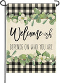 Artofy Welcome-ish Depends on Who You Are Small Decorative Garden Flag, Funny Family Buffalo Plaid Botanical Yard Lawn Outside Decor, Humorous Burlap Outdoor Home Decoration Double Sided 12 x 18
