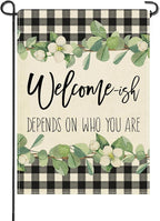 Artofy Welcome-ish Depends on Who You Are Small Decorative Garden Flag, Funny Family Buffalo Plaid Botanical Yard Lawn Outside Decor, Humorous Burlap Outdoor Home Decoration Double Sided 12 x 18