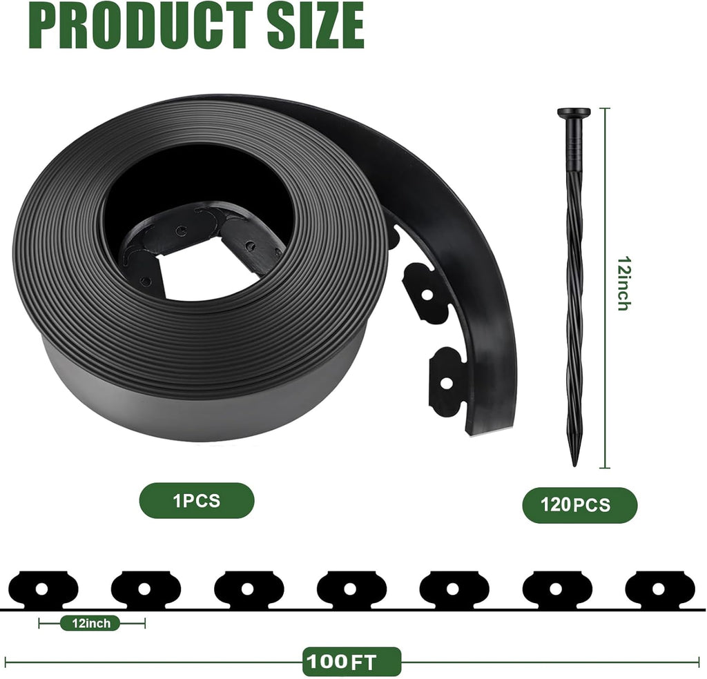 4 in Tall Landscape Edging, 100FT Plastic Garden Border Edging with 120 Anchoring Spikes, Landscape Edging Kit for Garden, Flower Beds and Lawn (Black, 4In x 100FT)
