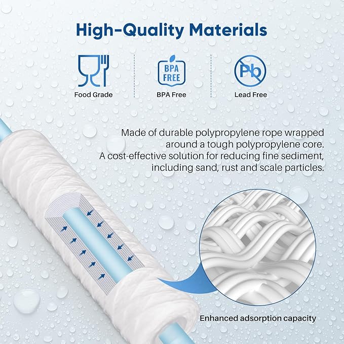 PUREPLUS 20 Micron 10"x2.5" Whole House String Wound Sediment Filter for Well Water, Replacement Cartridge for Universal 10 inch RO System, WP-5, Aqua-Pure AP110, CFS110, Culligan P5,WFPFC4002, 6Pack