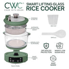 COOK WITH COLOR 3L Glass Low Carb Rice Cooker - Makes 6 Cups Cooked Low Sugar Rice with Auto Lift Filter Basket, Hotpot & Steamer for Rice, Grains and Oats, Digital Panel with Keep Warm, Dark Sage