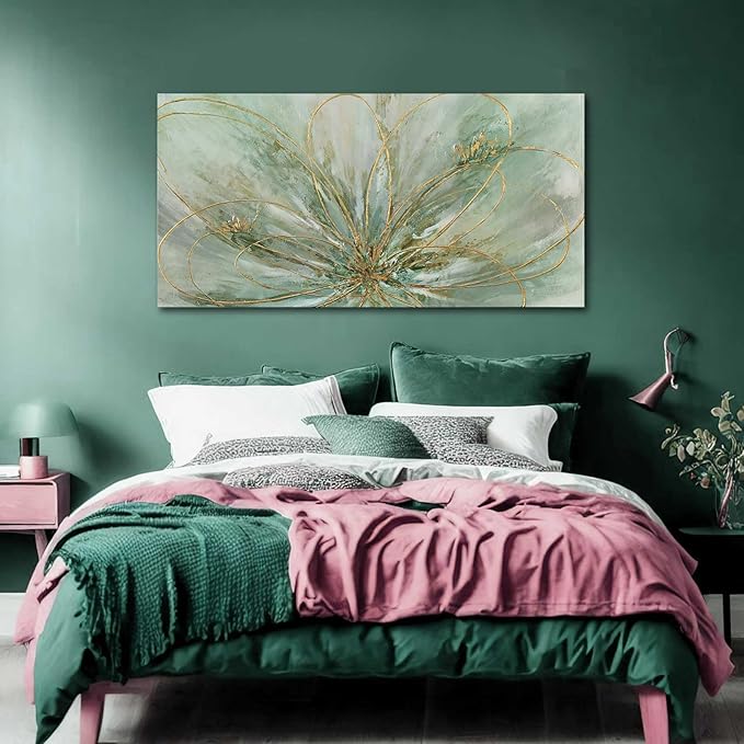 YJYart Green Flowers Canvas Wall Art Modern Paintings with Gold Foil Abstract Nature Wall Decorations for Home Office Living Room Bedroom 24" x 48"