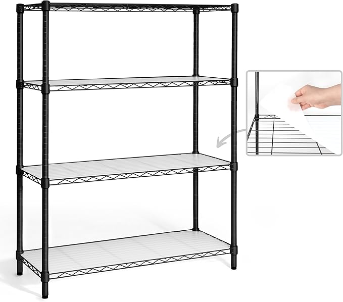 CAPHAUS NSF Adjustable Height Wire Shelving Unit w/Liner, Basement Storage Shelving, Metal Steel Storage Shelves, Garage Shelving Storage Organizer, Utility Shelf, 4-Tier No Wheels W/Liners, Black