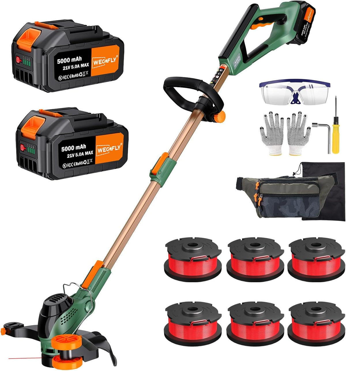 13-Inch String Trimmer Cordless,(2 x 21V 5.0Ah Batteries & Charger), 2 in 1 Trimmer & Edger, Electric Weed Wacker with Auto Rope Spool Feed, 6 Pcs 4M Spool Line for Yard, Garden, Green
