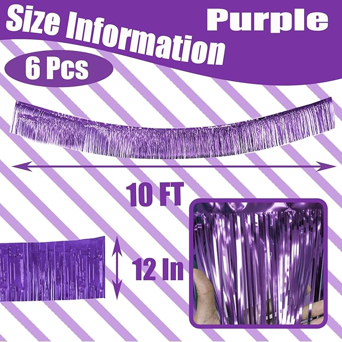6 Pack 10 Feet Foil Fringe Garland Metallic Tinsel Streamers Banner Wall Hanging Backdrop Banner for Parade Floats, Thanksgiving, Christmas, Birthday, Halloween Party Decorations(Light Purple)
