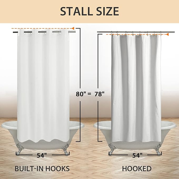 Stall Size Fabric Shower Curtain No Hooks or Liner Needed - Soft Shower Stall Curtain 54" x 78" Hotel Grade, Waterproof & Machine Washable, White, 54x80