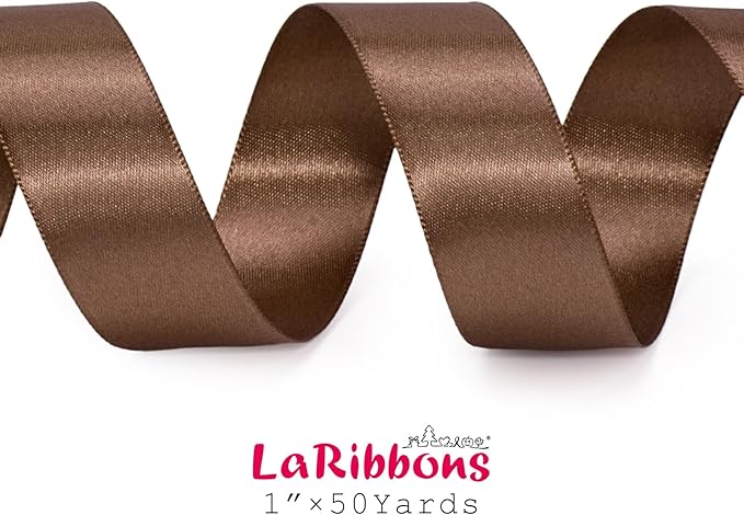 LaRibbons Brown Satin Ribbon 1 Inch 50 Yards Thin Luxury Double Faced Mocha Mousse Silk Ribbon for Flower Bouquet Crafts Gift Wrapping Wedding Decoration