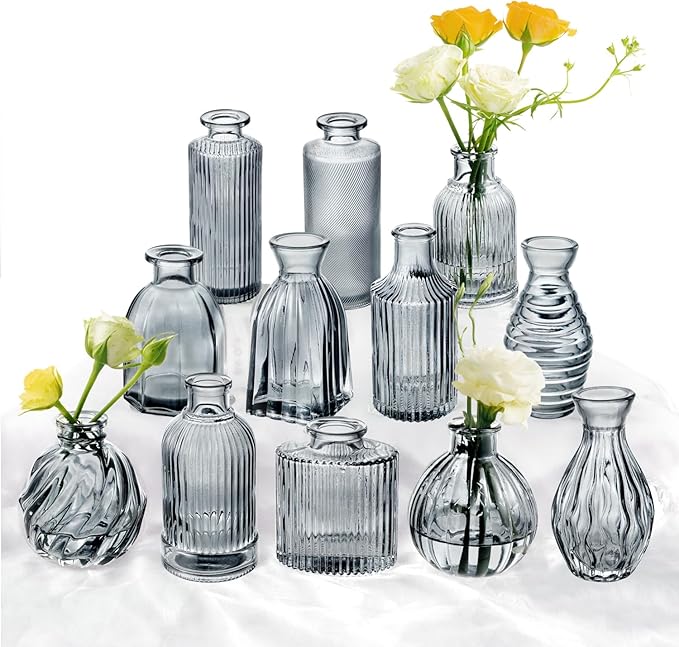 Bud Vases Set of 12, Black Vase Small Glass Vases for Flowers Modern Ribbed Amber Glass Bud Vase for Decor Flower Vase in Bulk Vintage Decor Boho Wedding Centerpieces Rustic Home Table Decoration